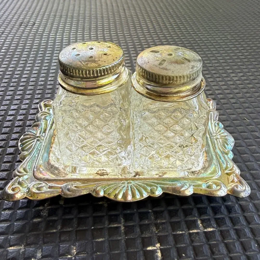 Vintage Silver Plated Salt Pepper Shakers Tray Hong Kong Pressed Glass Set